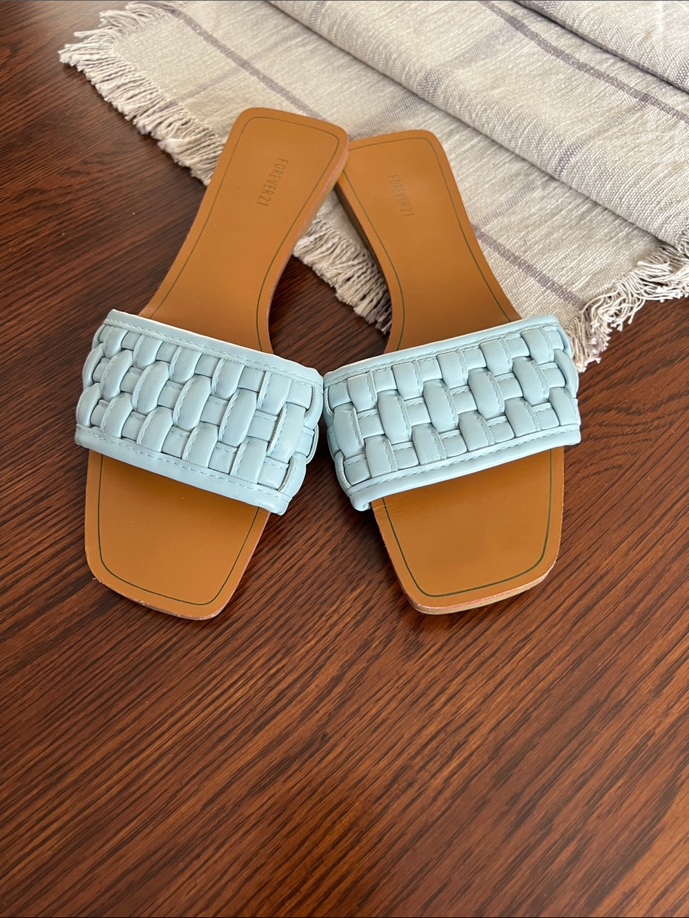 Woven Strap Slide Sandals in Light Blue